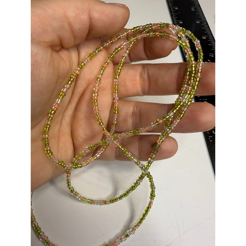 Green Peach Clear Glass Seed Bead Necklace 22.5" Barrel Clasp Boho Minimalist